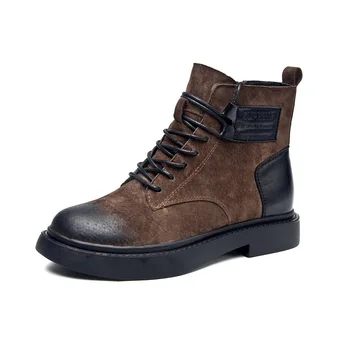 

2020 Autumn Winter Brown Genuine Leather Platform Ankle Boots Women Chunky heel Motorcycle Booties Female Lace Up Combat Shoes