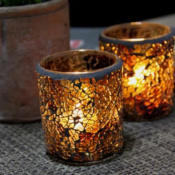 

2PCS Glass Candlestick Decor Romance Amber Mosaic Candle Holders Tealight Candlelight Dinner Bar Candle Cup Decoration FC076