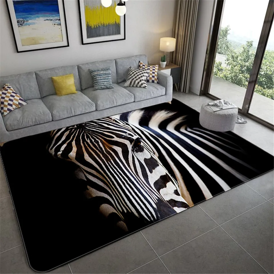 Black Zebra Pattern Big Carpet For Living Room Wild Animal Fox Printed