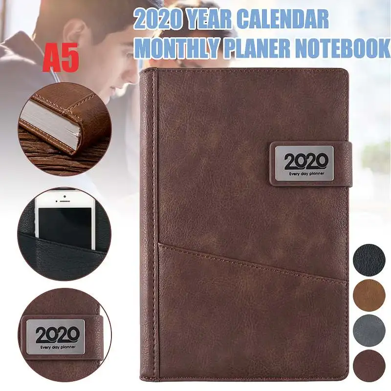 

2020 A5 Leather Notebook Phone Storage Year Calendar Office Book Monthly Weekly Planer Diary Study Notebook Writing Plan