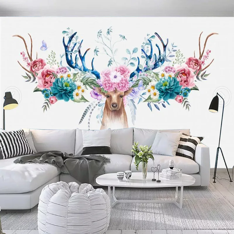 

Modern 3D Simple Northern European-Style Flower American-Style Deer Head Flower Living Room Bedroom Television Sofa Background W
