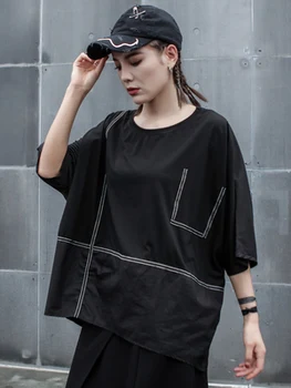 

Special Price Bat sleeve large size summer t-shirt line loose round collar jacket irregular casual patchwork