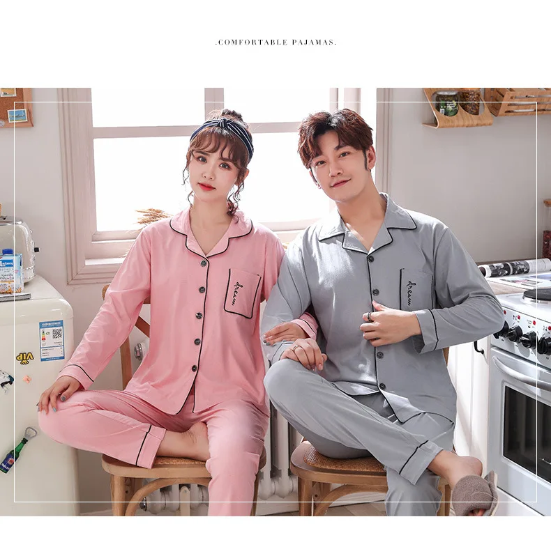 Couples Pajamas Long Sleeve Pure Cotton Spring And Autumn Cotton Pajamas Women's Men Summer Thin Section Homewear Set