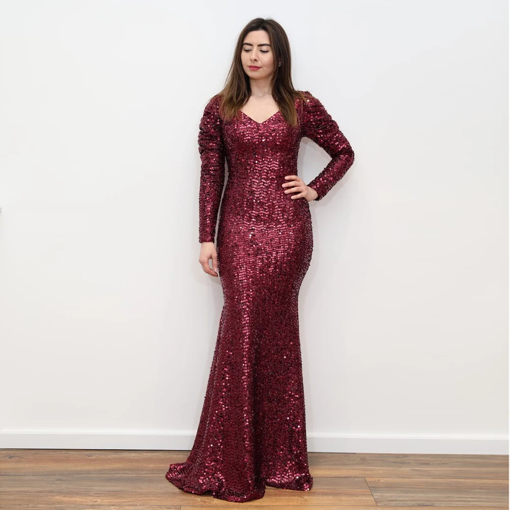 

Burgundy Sequined Velvet Maxi Dress V Neck Puff Sleeve Pleated Full Sleeved Autumn Winter Evening Long Dress