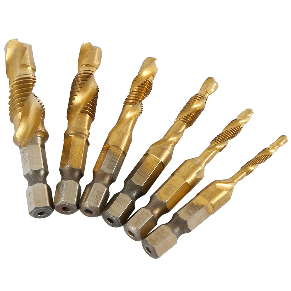 6pcs 1/4" M3-M10 Screw Tap Drill Bits HSS Countersink Coated Taps Hex Shank Thread Woodworking Drill Bits Hand Tools