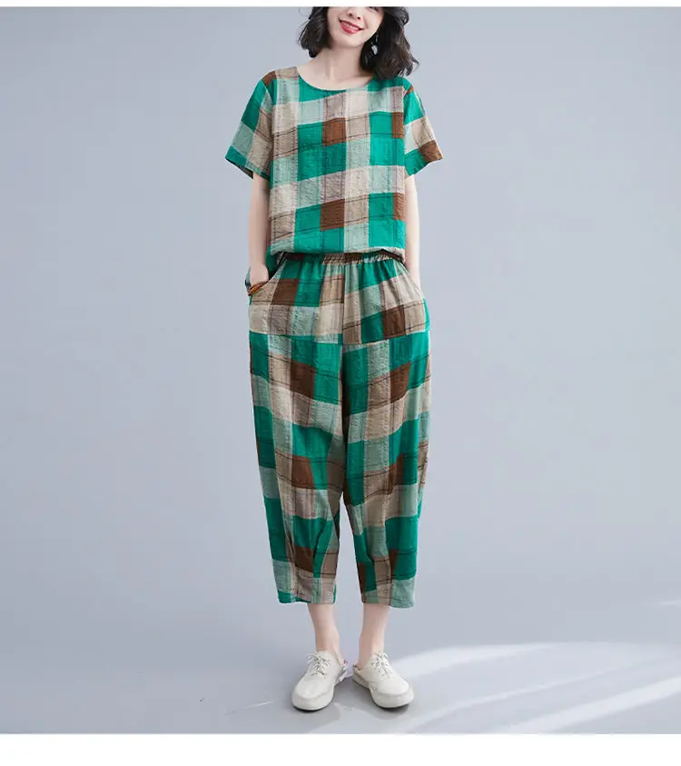 Suit Female Women Set 2022 New Version Summer Large Size Plaid Two-piece Retro Casual Pants Loose Top Two-piece Set matching lounge set