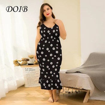 

DOIB Black Spaghetti Strap Sleepwear Large Size Women Floral Print Nightwear Ruffle Dress Oversize Plus Size Summer Dress