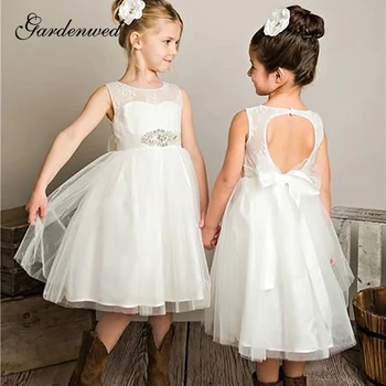 

Lace Illusion Neckline Flower Girl Dresses Keyhole Back Little Girl Wedding Party Dresses Crystal Bow Belt Communion Dresses