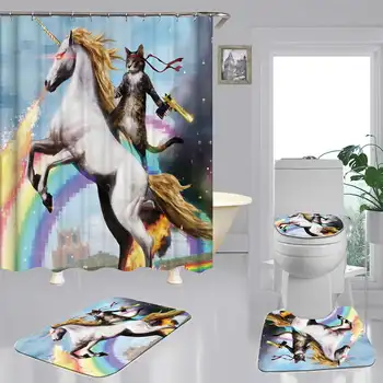 

Funny Cat Horse Polyester Fabric Shower Curtain Non-Slip Bath Mat Toilet Lid Cover Rugs Home Bathroom Decor Set