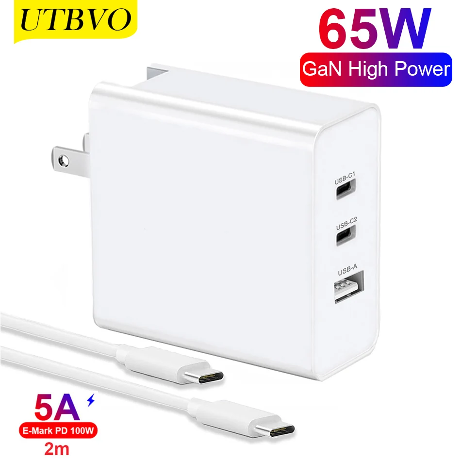 

UTBVO 65W 3-Port USB C Wall Charger [GaN Tech], Type C PD3.0 Fast Charging Travel Adapter, Power Delivery for MacBook, iPhone 12