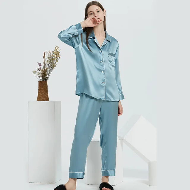 16 Momme Mulberry Silk Pyjama 100% Silk Luxury Long Sleeve Trouser Female Real Silk Homewear Summer Sleepwear Women Pijama 3