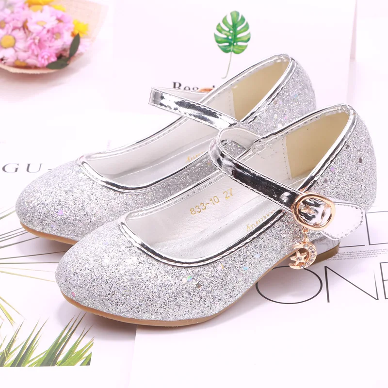 Children Princess Shoes student dance shoes For Girls High Heel Sandals Dress Purple Kids Leather Glitter Crystal Shoes Banquet