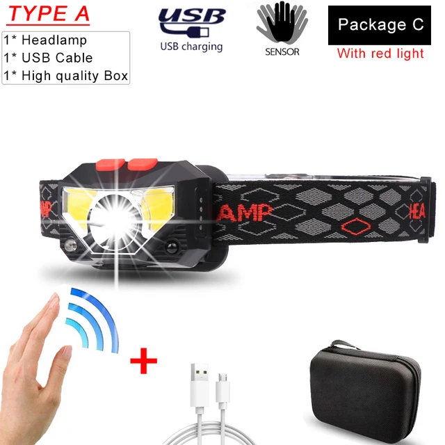 Powerful LED Headlight Sensor Head Light USB Rechargeable Headlamp Head Torch Waterproof for Camping Hiking Fishing Package C