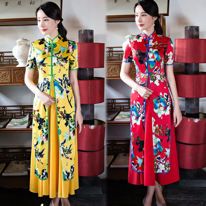 Элегантное китайское традиционное Qipao Восточное женское сексуальное свадебное платье атласное Cheongsam большого размера 3xl 4xl с цветочным принтом Vestidos
