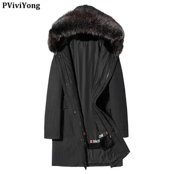 

PViviYong 2019 winter high quality 100% real Rabbit fur hooded jacket men,Raccoon fur collar, slim parkas men coat 91P19016