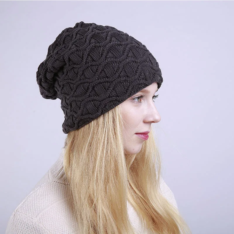 dark gray hat Новинка, женские красные зимние шапочки со складками, мужские кашемировые зимние шапки с волнистым узором, унисекс, для взрослых, теплые шапочки Skullcap - Цвет: dark gray hat