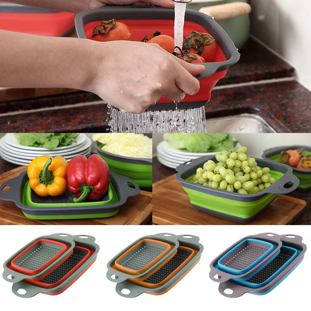 

New Silicone Colander Foldable Fruit Vegetable Washing Basket Strainer Collapsible With Handle Kitchen Tools