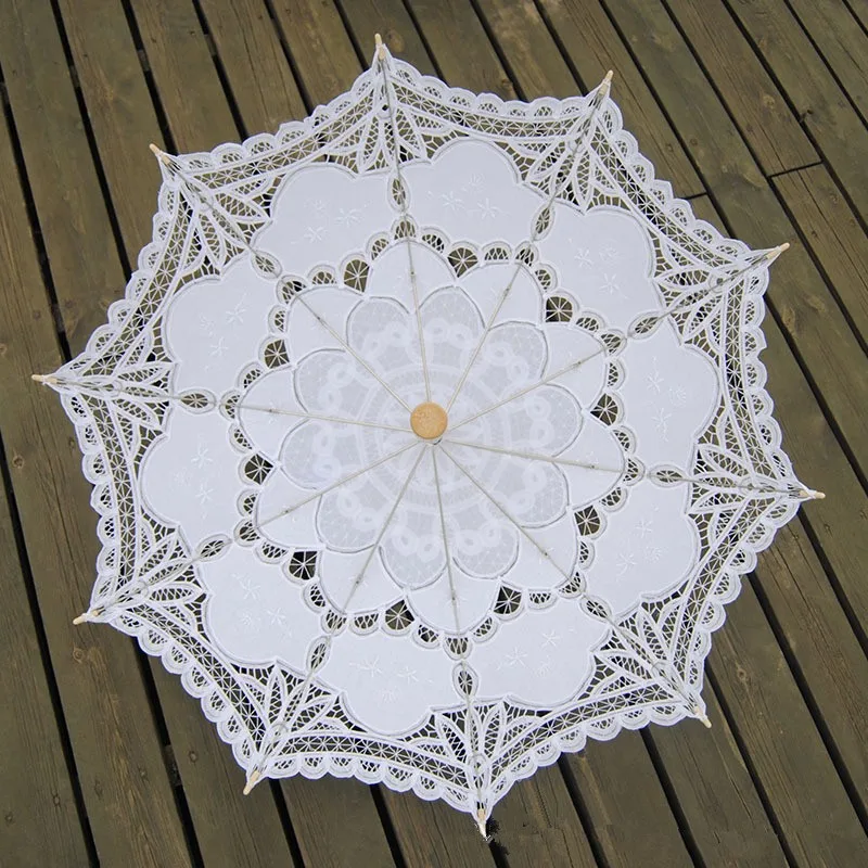 New Sun Umbrella Cotton Embroidery Bridal Umbrella White Ivory Battenburg Lace Parasol Decorative For Wedding