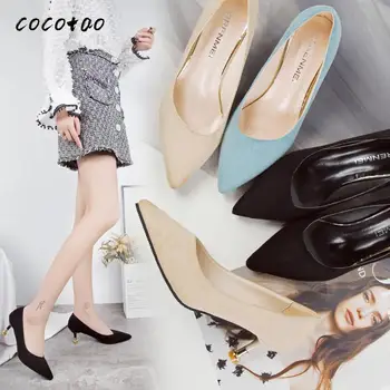 

2020 Spring Pointed Single Shoes Women's Small Heel Cat With High Heel Work Shoes Suede Shallow Mouth Women's Shoes Blue