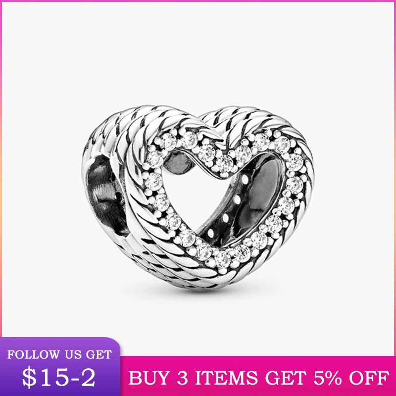 

LByzHan 925Silver Snake Chain Pattern Open Heart Charms Fit Bracelet Original DIY Fine Jewellery For Women 2020 New Autumn
