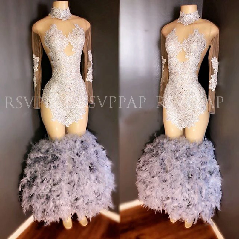 

Sexy See Through Long Sleeve Mermaid Prom Dresses 2020 High Neck Applique Feather African Black Girl Prom Dress