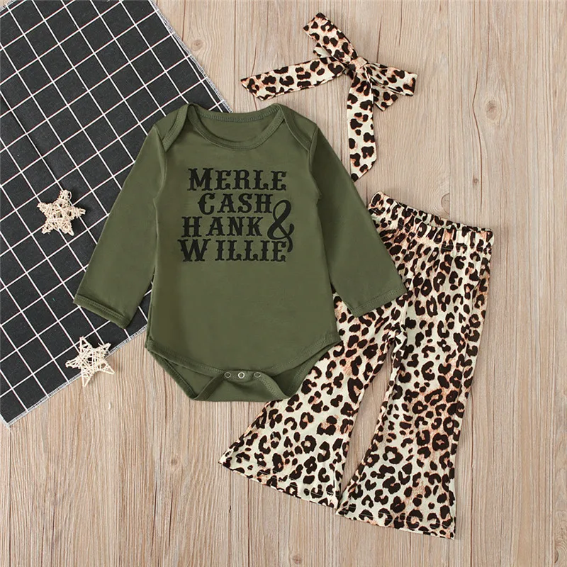 

2019 Fashion Newborn Infant Baby Boy Girl Letter Tops Romper Leopard Flared Pants Clothes Set
