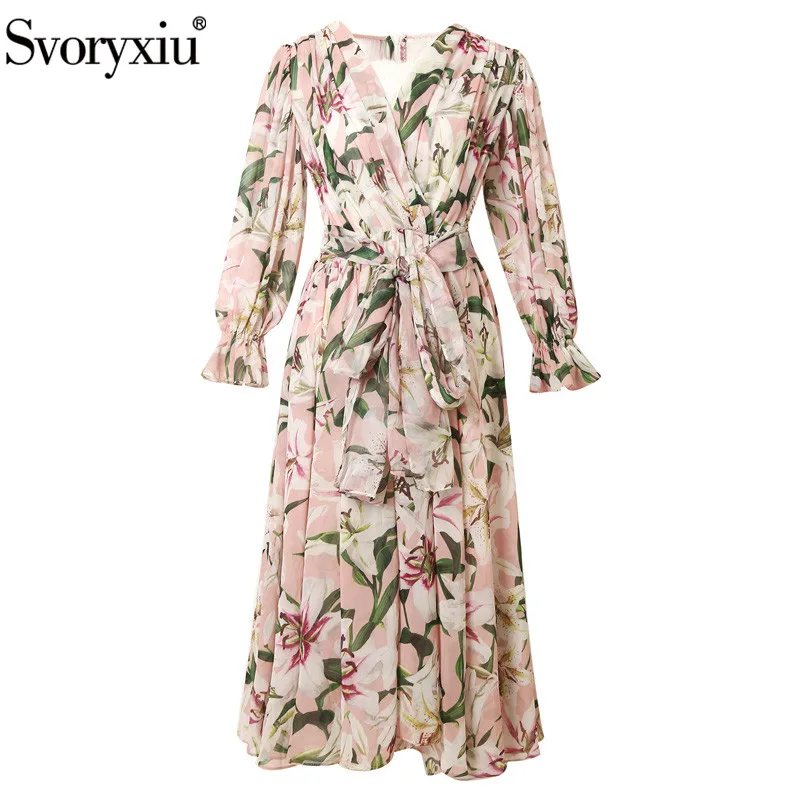 

Svoryxiu Sexy Lace V-Neck lily Flower Print Chiffon Dress Women's Long Sleeve Elastic Waist Runway Autumn Party Midi Dresses