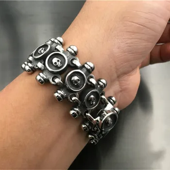 

New Wide Version Titanium Steel Bracelet Punk 21.5cm Skull Bracelets Linking Skull Charm Bracelets Gothic Biker Halloween Jewel