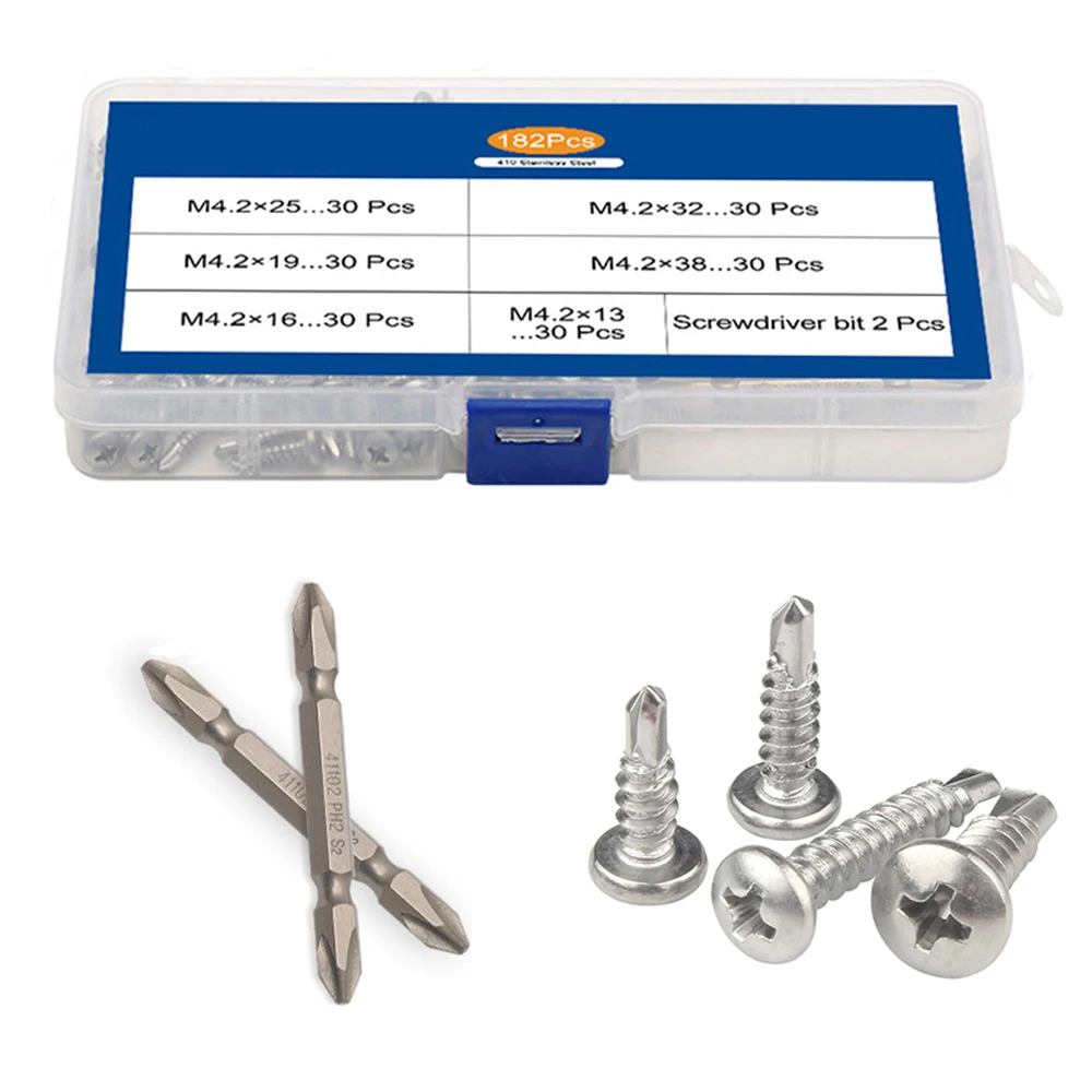 

182PCS/Box M4.2 Self Drilling Screw Cross Recessed Phillips Pan Head Self-Drilling Tapping Screw Thread 410 Stainless Steel