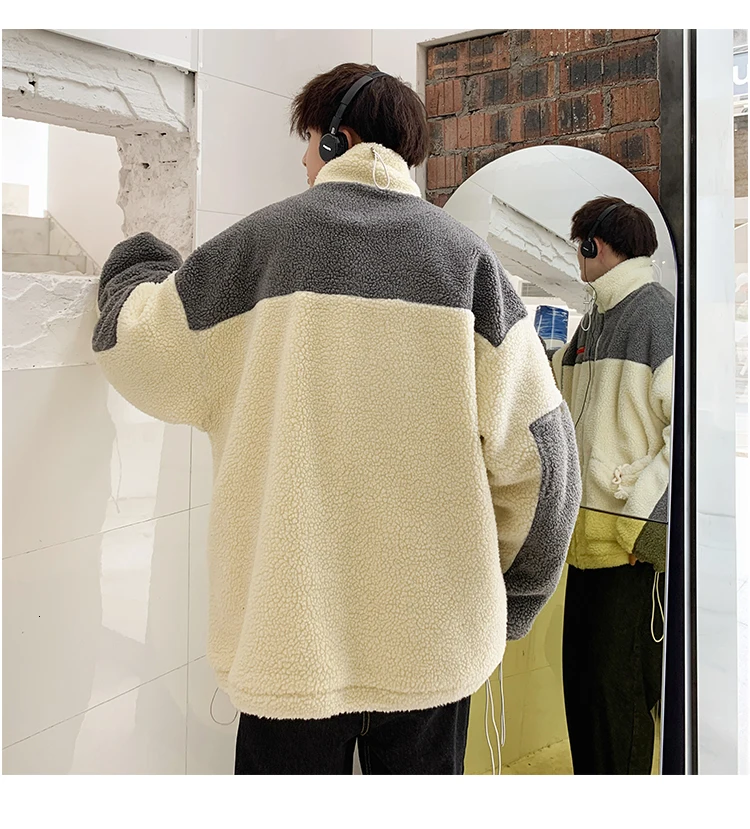 Winter new collection of patchwork printed thick and fleecy hooded padded clothes loose casual personality youth men's wear