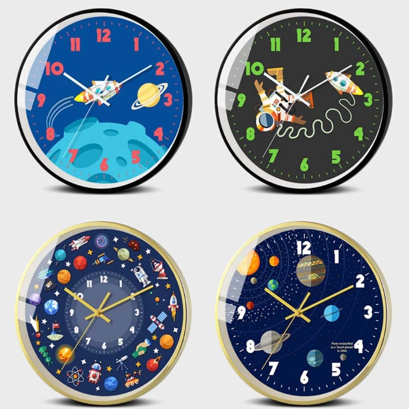 

Mute Wall Clock Modern Style Creative Space/Astronaut Pattern Clock Home Office Nursery Living Room Children's Room Decoration
