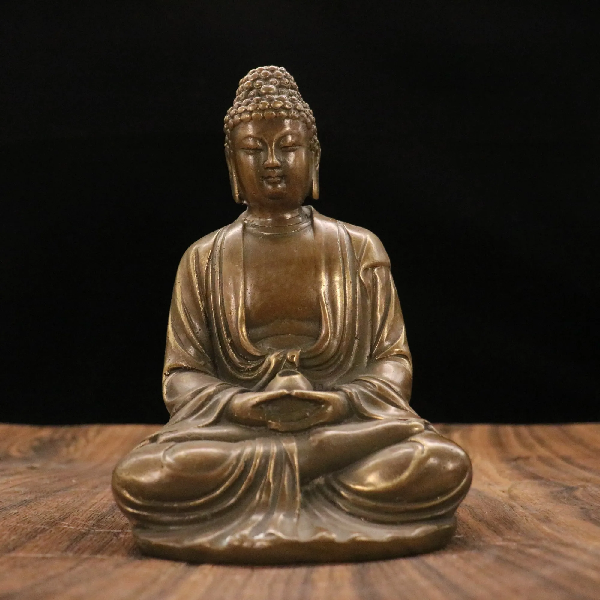 

7"Tibetan Temple Collection Old Brass Patina Amitabha Great Buddha Tathagata Sitting Buddha Ornaments Town House