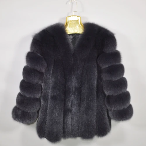 Женская брендовая шуба из натурального Лисьего меха высокого качества, зимняя куртка с длинными рукавами из натурального Лисьего меха, Роскошная Шуба из натурального Лисьего меха для девочек - Цвет: dark gray