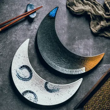 

ANTOWALL Moon Shape Japanese Style Sushi Ceramic Rectangular Plate Cuisine Pastry Hand-painted Long Dinner Plate Tableware