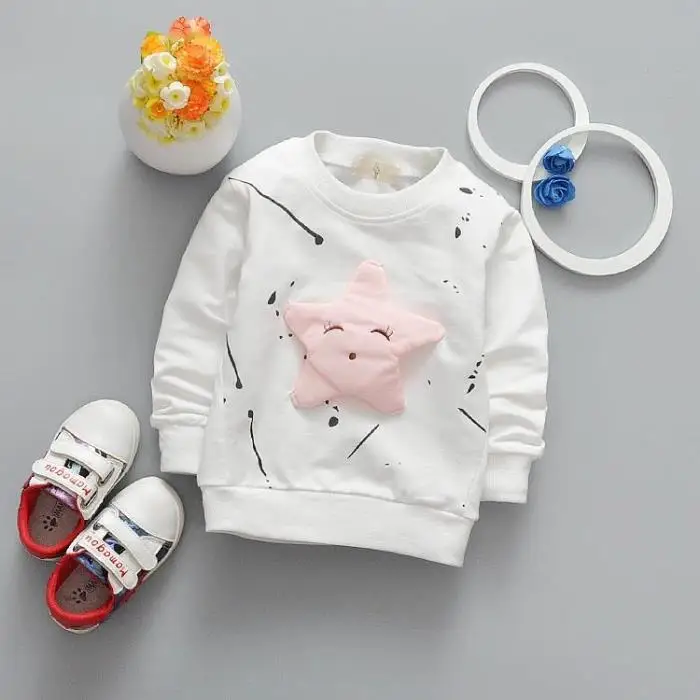Y713 Children's clothing cotton Star Patch T-shirt long-sleeved spring top baby 1-2-3 years round neck cartoon anime shirt girl