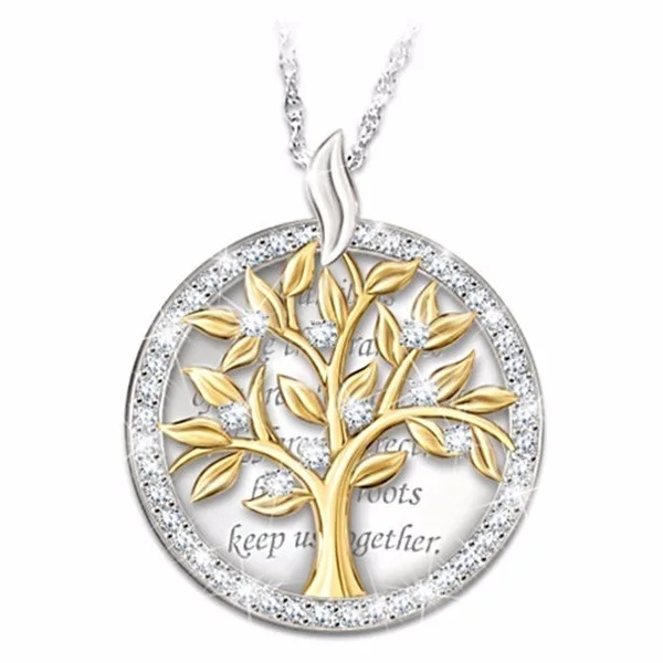 

Women Trendy Jewelry Tree of Life Two Tone Gold Cubic Zirconia Pendant Necklace Vintage Letter Carving Pendant Charm Necklace