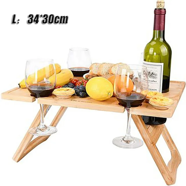 Portable Wooden Picnic Table Carry Handle Outdoor Folding Wine Table Removable Wine Glass Holder Folding Table Fruit Snack TrayWooden Outdoor Portable Folding Camping Picnic Table with Glass Rack Wine Rack Table Travel Foldable Fruit Table