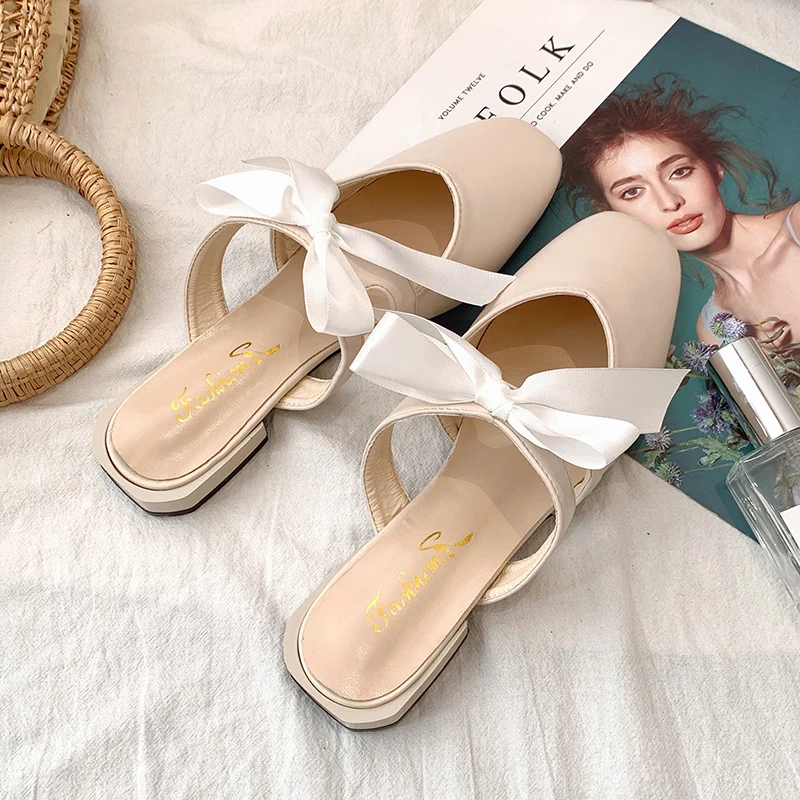 Mazefeng Party Women Mules Slipper Pointed Toe Block Strap Closed Shallow High Heels Shoes Sandals Black Beige Square Heel Pumps