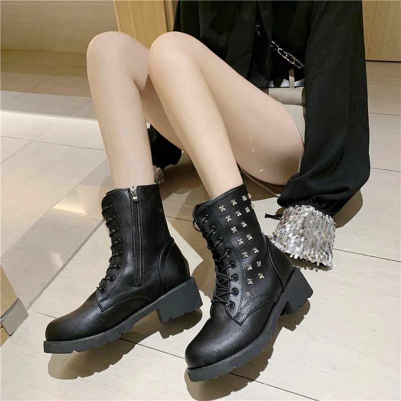 Details about   British Womens punk buckle pull on Military combat motorcycle flat ankle boots 