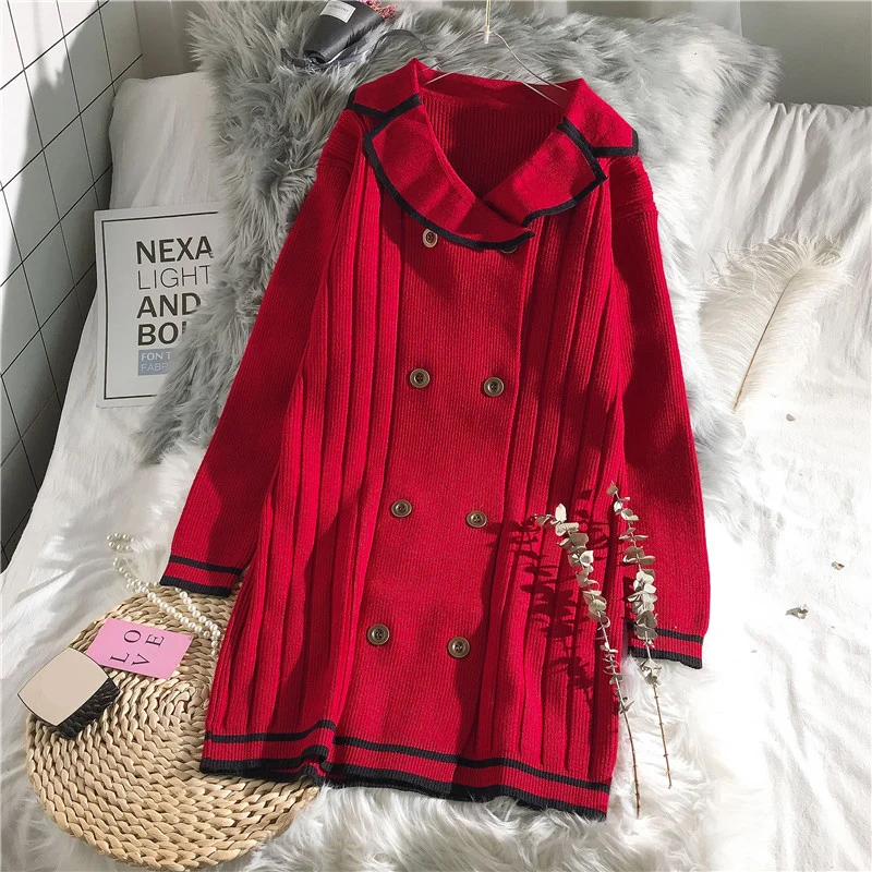 winter new knitted women sweater and cardigan turn-down collar solid double breast solid lady female outwear coat tops