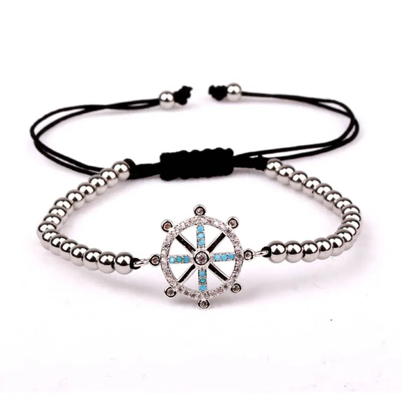 High quality Small Stainless Steel Beads Colorful CZ Rudder Charm Bracelet Men Women - Image 2