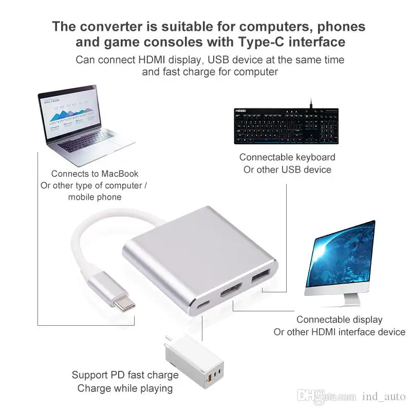 3 в 1 Тип C смарт адаптер HDMI/4K + быстрой зарядки PD USB 0 док станция разветвитель для