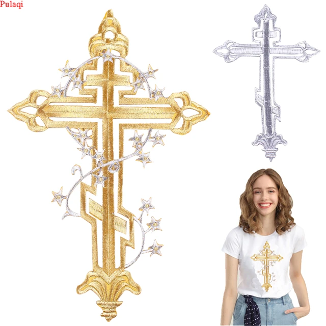 Gold Silver Cross Stars Embroidered Patches Sew Iron On Badges Punk Gothic  for Clothes Bag Coat Backpack DIY Appliques Craft Decoration (Gold)