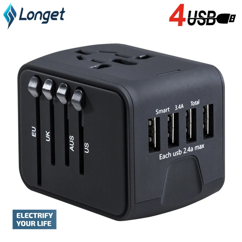 

LONGET Travel Adapter International Universal Power Adapter All-in-one with 3.4A 4 USB Worldwide Wall Charger for UK/EU/AU/Asia