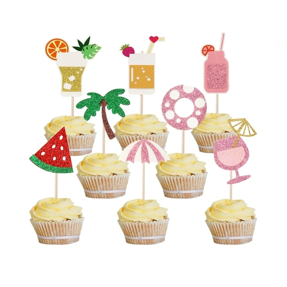 1Set Flamingo Pineapple Palm Cupcake Toppers Aloha Toppers Summer Pool Party Wedding Birthday Baby Shower Decorations Supplies