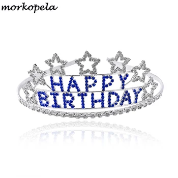 

Morkopela Birthday Party Headband Crystal Happy Birthday Tiara Crown Rhinestone Tiaras Jewelry Party Hair Band Accessories