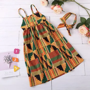 

Summer Dot Sleeveless Dresses Children Kids Baby Girls Clothes Girls' Summer Two-piece African Boho Print Hairband Dress