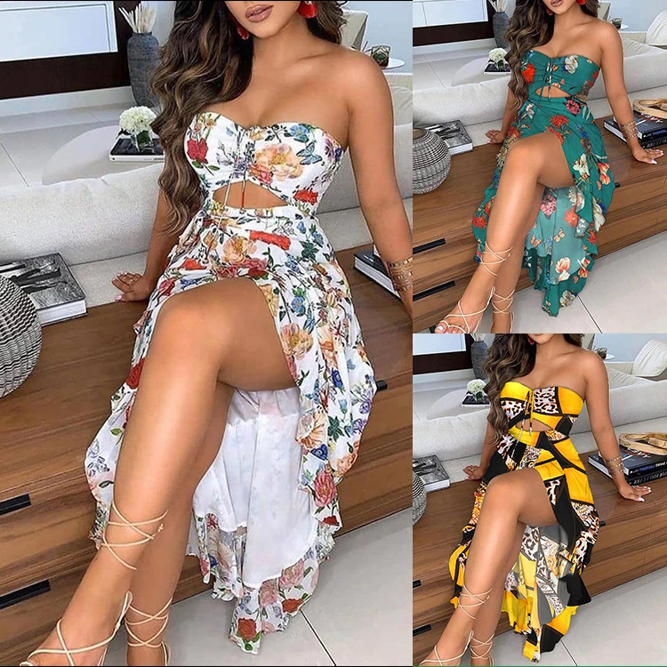 Dress Women Summer Europe new 2021 color printing strapless sexy hollow out tall waist Dresses Casual Vestidos GHH21201 black dress for women