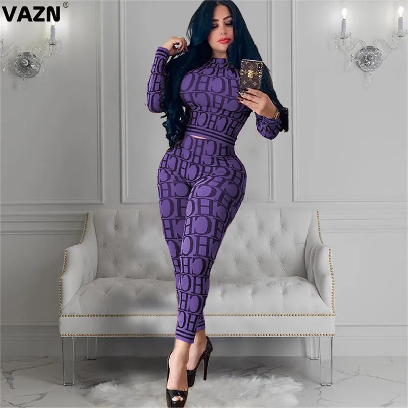 Фиолетовый VAZN KSN5058 бандажный женский офисный сексуальный модный принт длинный рукав ткань длинные узкие брюки Тонкий женский комплект из 2 предметов - Цвет: Фиолетовый