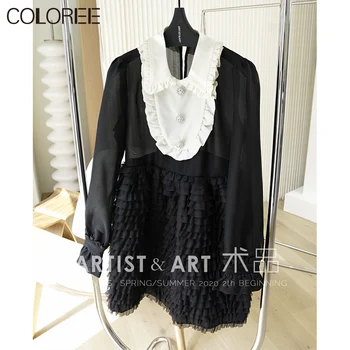 

Runway Dress 2020 Women Elegant Vintage Diamonds Turn-down Collar Long Sleeve Mini Ball Gown Dress Black Silk Ruffles vestidos